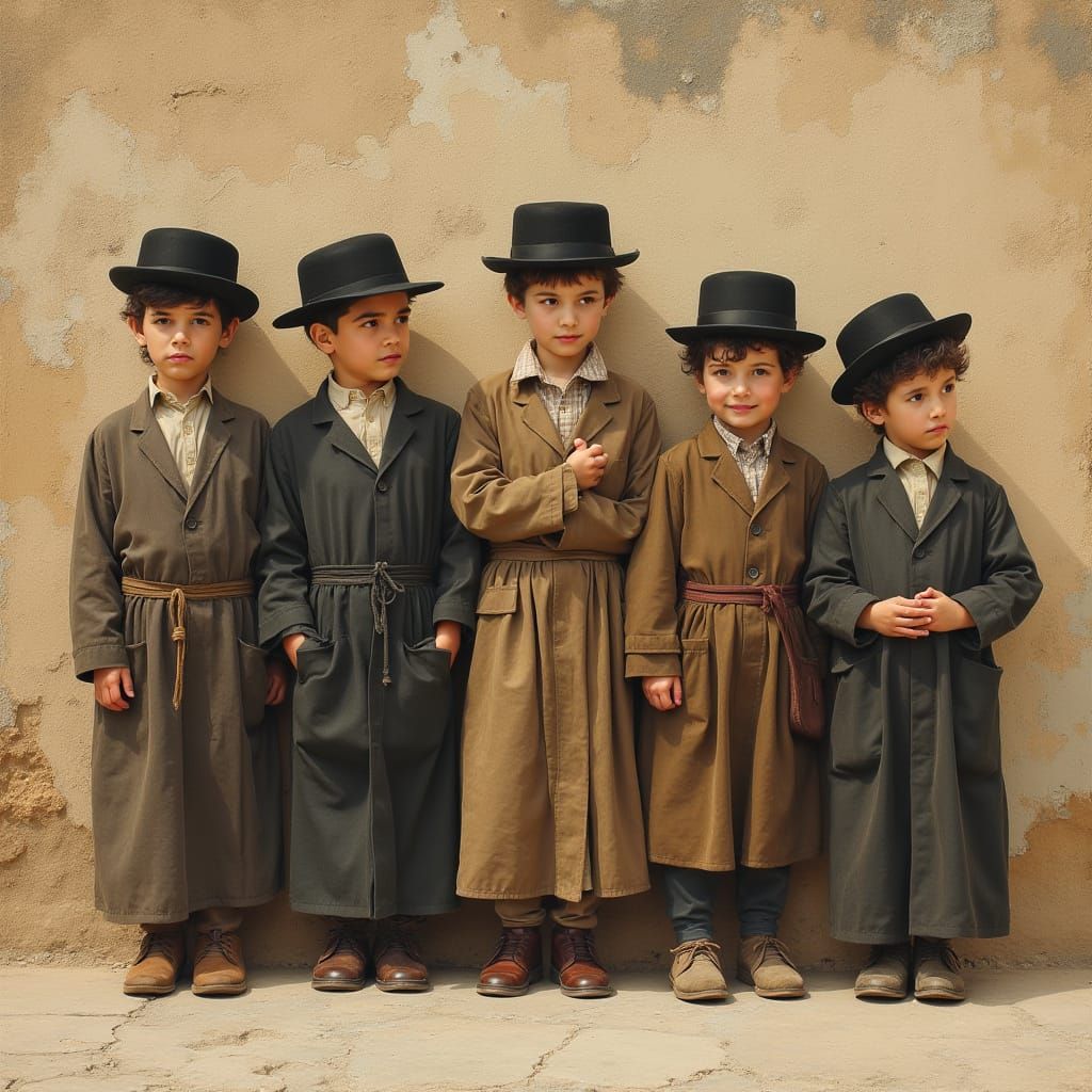 Haredi Children by Stone Wall in Warm Earthy Tones