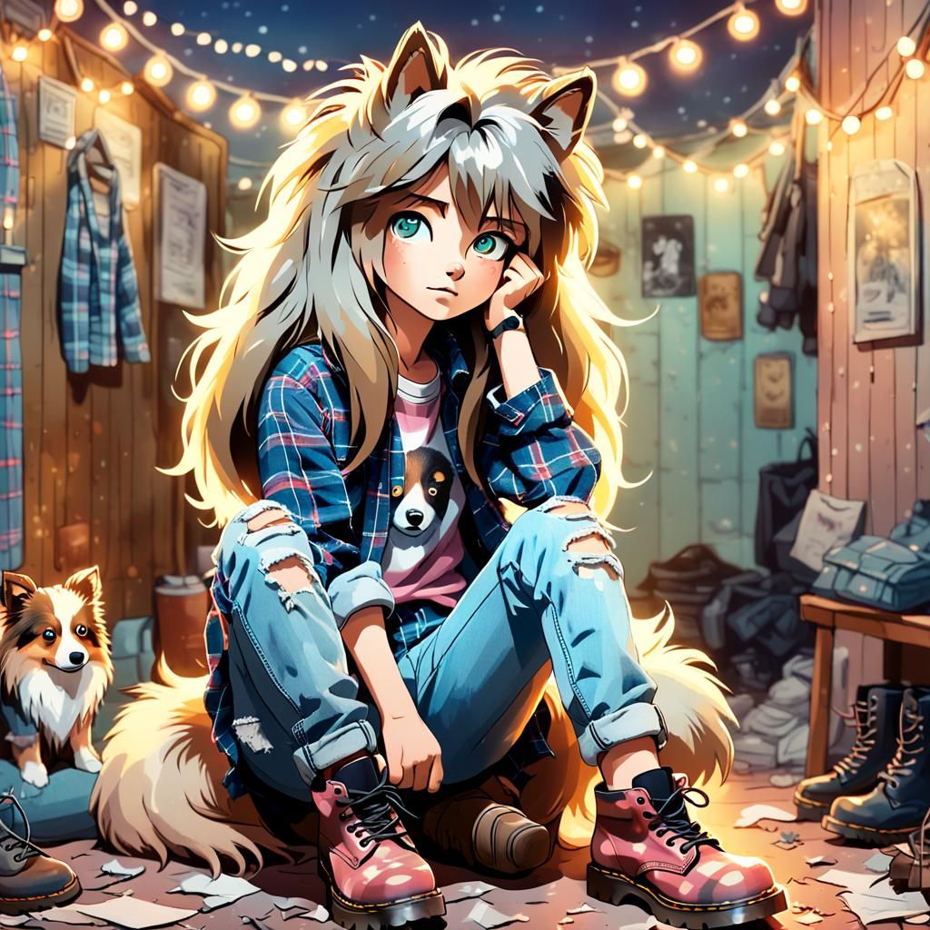 Grunge Style Anthropomorphic Dog Woman in Mixed Media