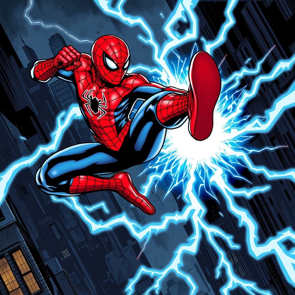 Spiderman Launches Fierce Kick at Swirling Energy Entity