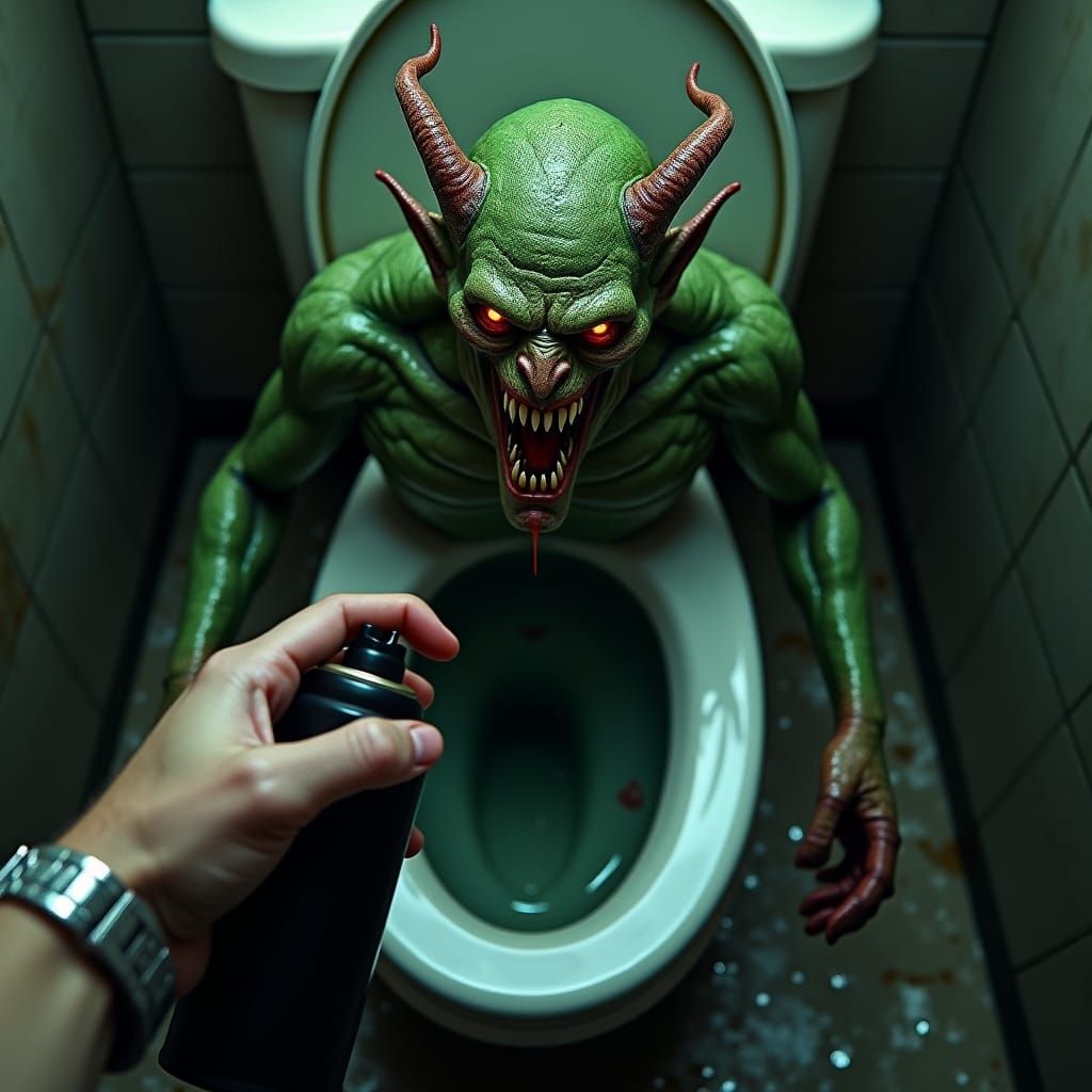 Grotesque Green Demon Emerges from Toilet