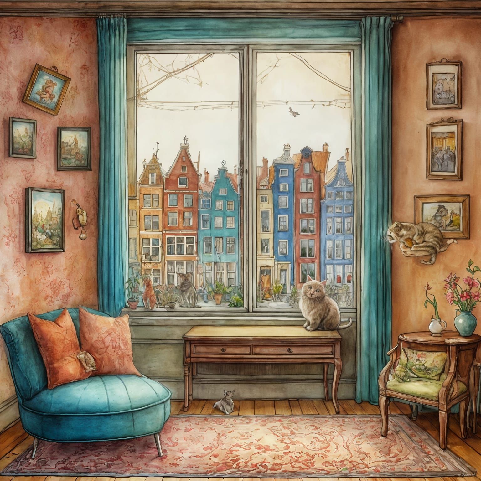 Cat and Mouse Doodle in Amsterdam Living Room