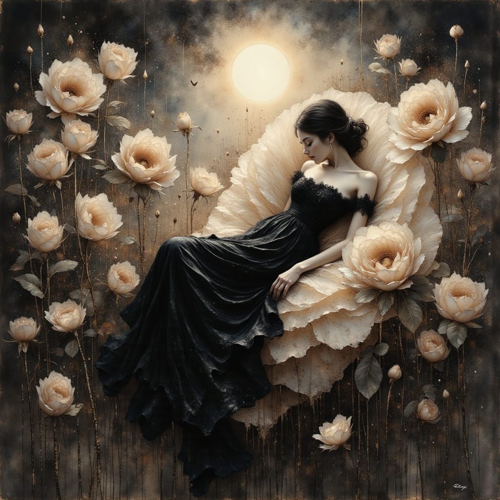 Woman Sleeps Peacefully in Giant Rose Petals