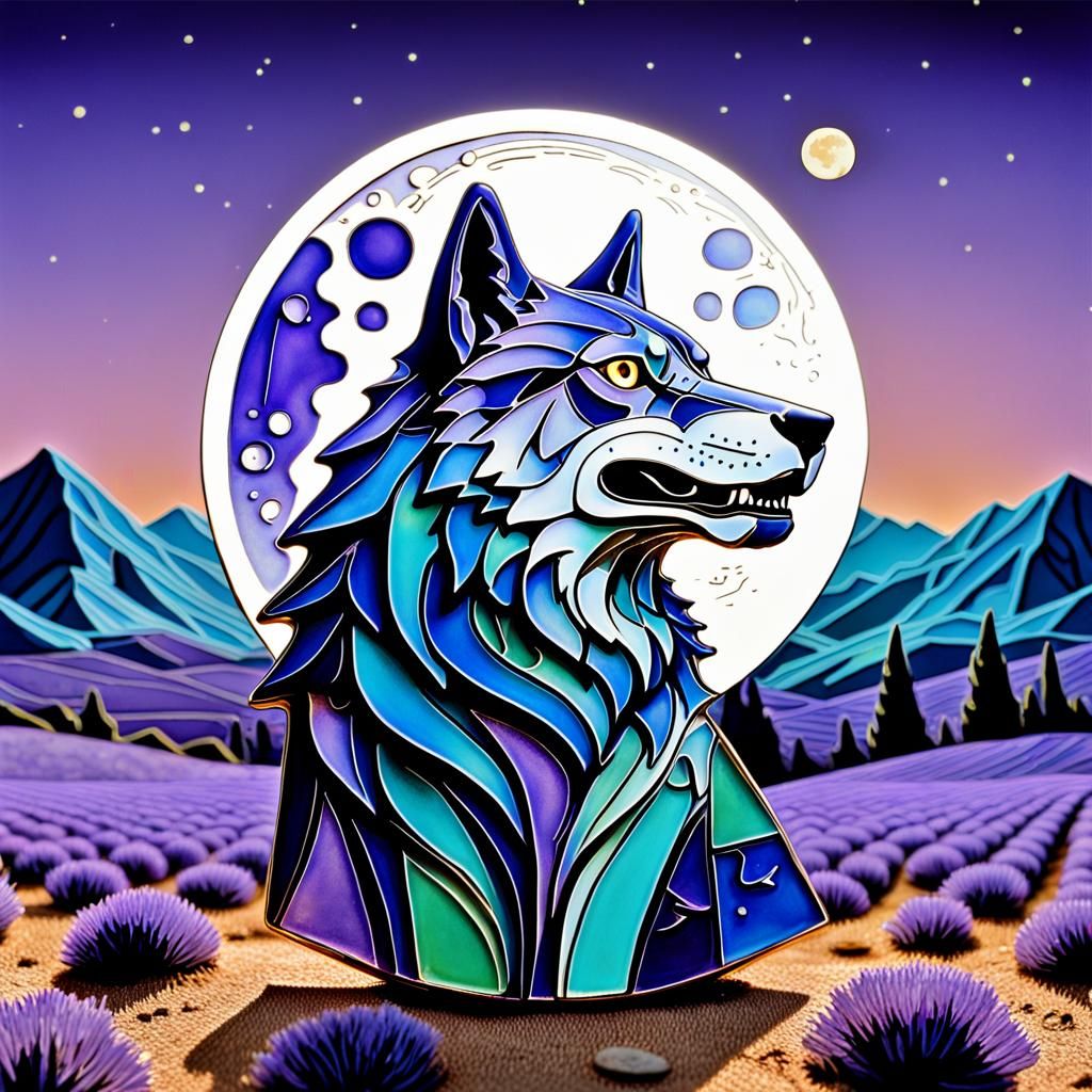 Howling Wolf Enamel Pin in Cubist Art Nouveau Style