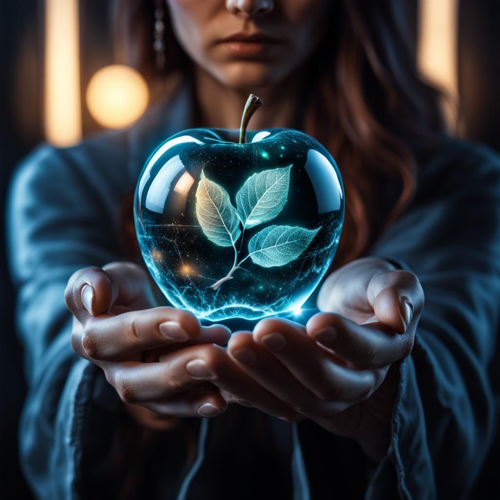 Girl Holds Hologram Apple: Hyperrealistic Image