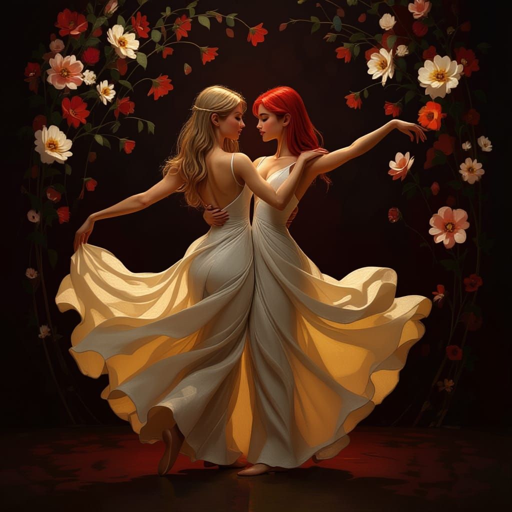 Two Women Dancing Gracefully Like Flowers in a Breeze