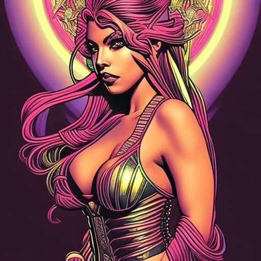 Shakira Pin-Up in Psychedelic Synthwave Style