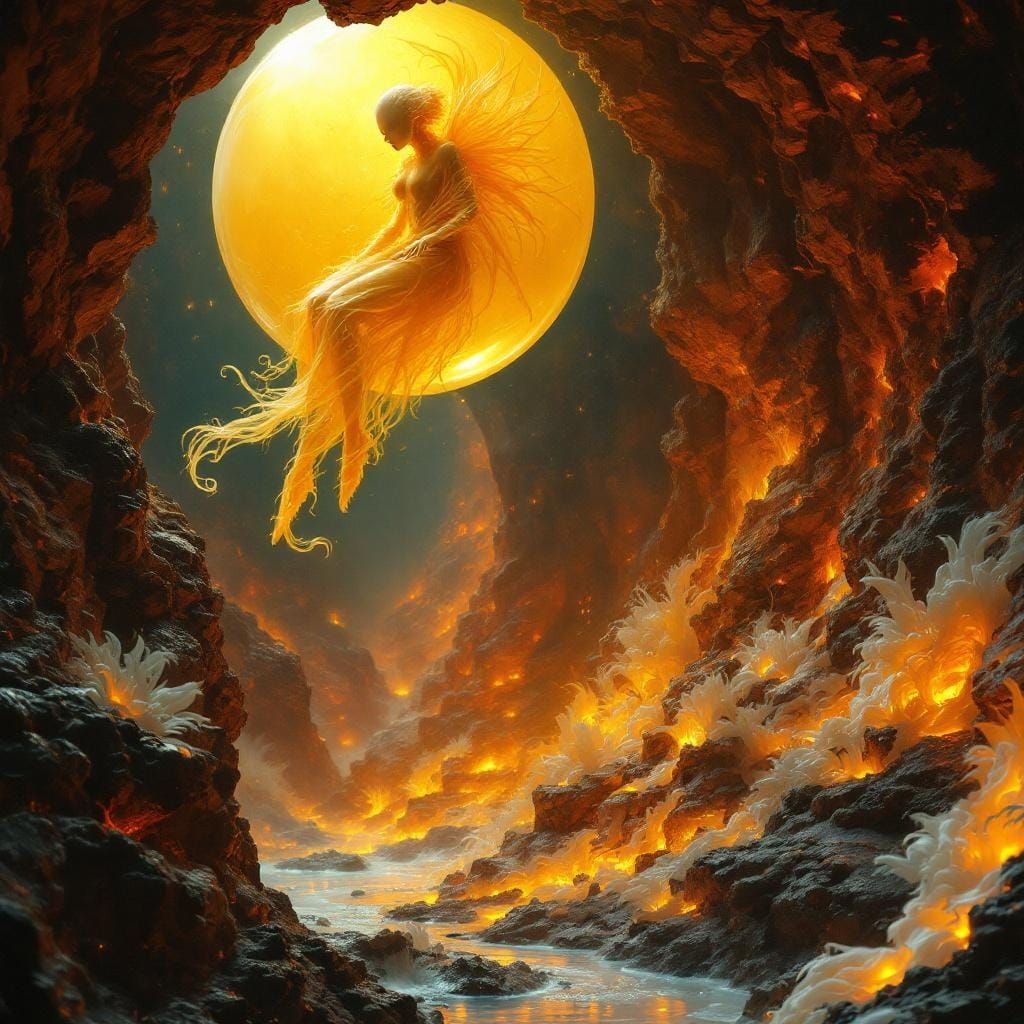 Gothic Honey Fairy in Amber Droplet, Surreal Scene