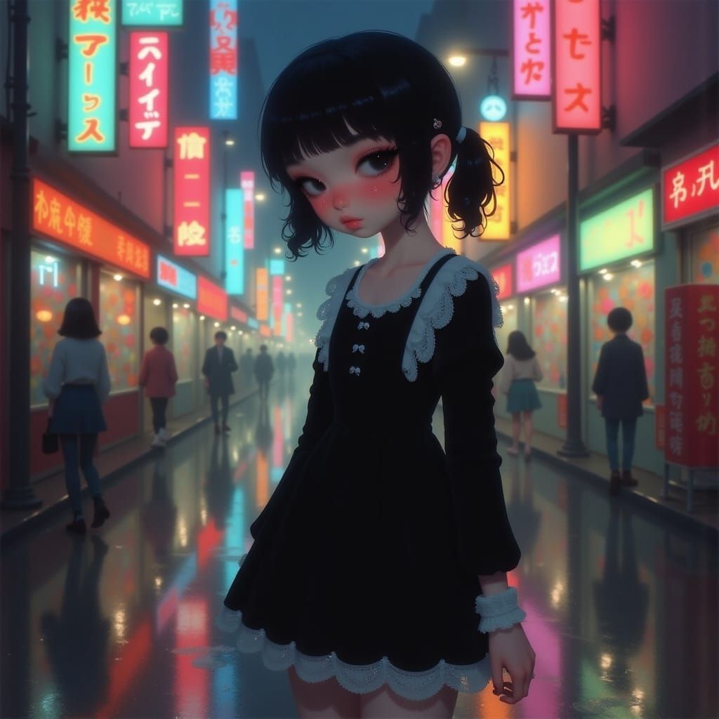 Goth Emo Pop Idol in Neon Rainy City