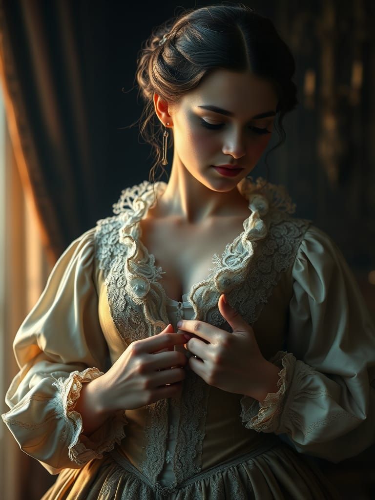 Elegant 18th-Century Lady Unfastens Lace Gown
