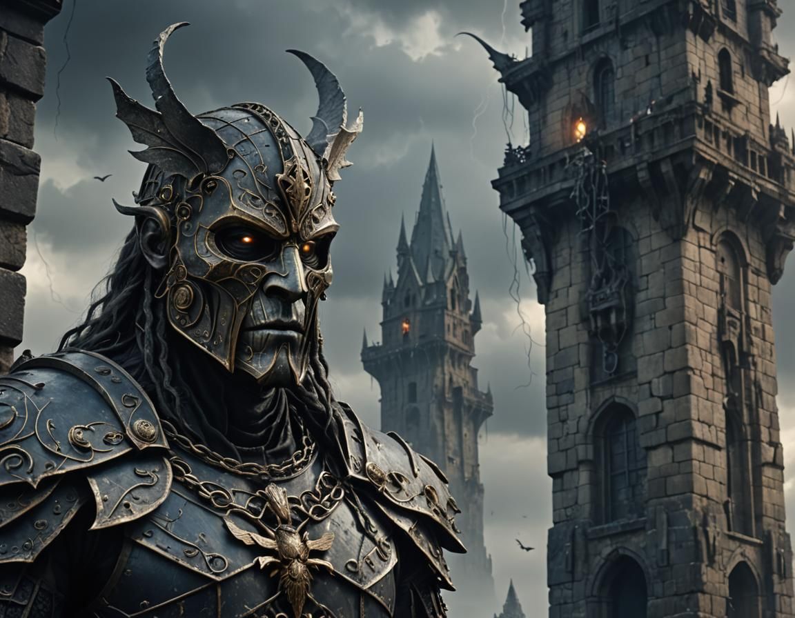 Dark Fantasy Creature with Metal Mask in Storm