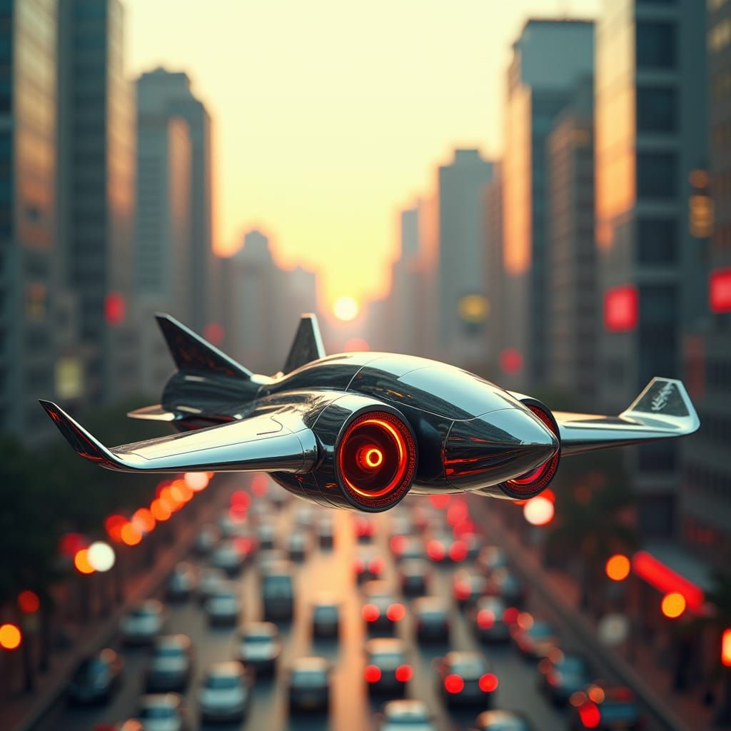 Futuristic Flying Vehicles Above Congested City