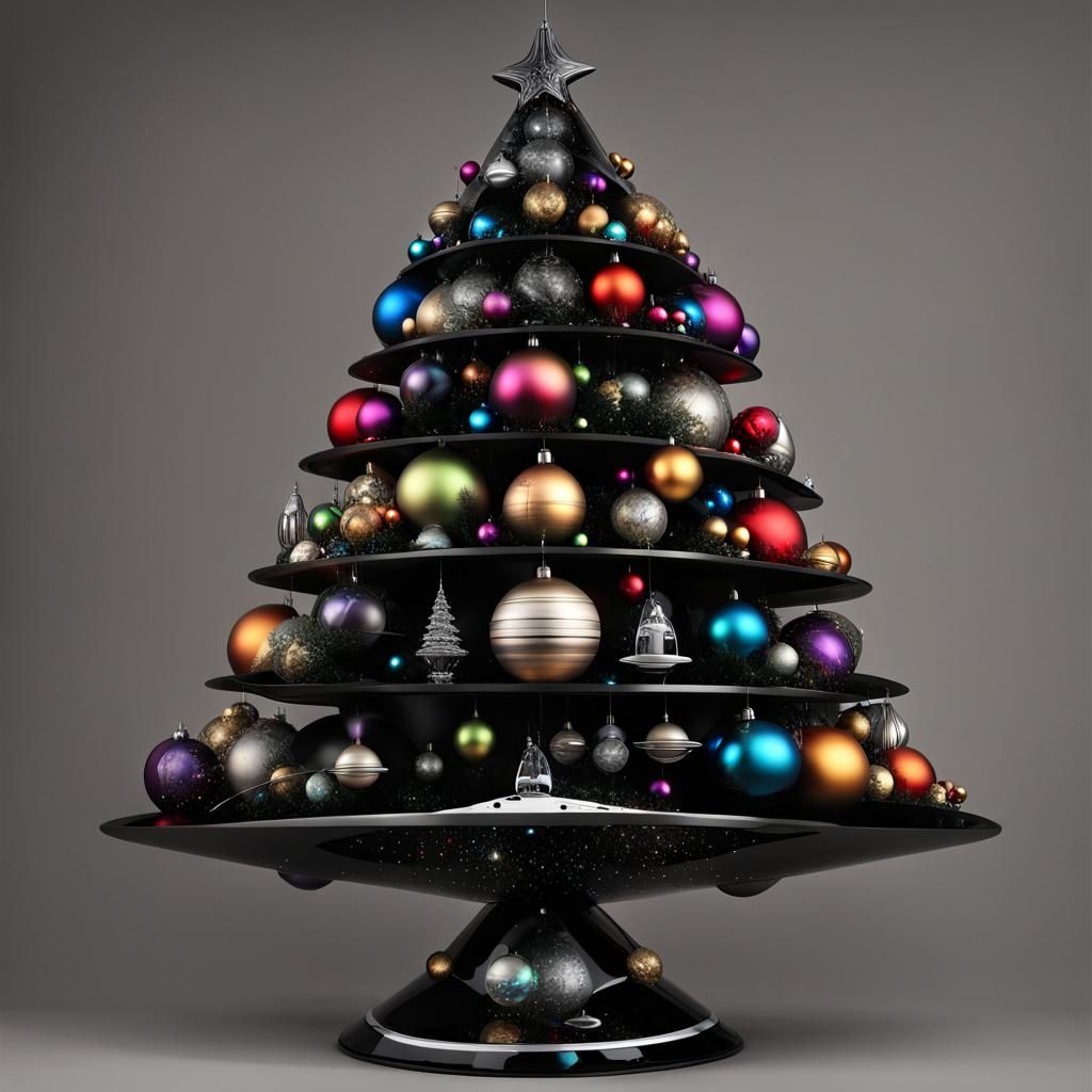 Futuristic Christmas Tree with Spaceship Ornaments