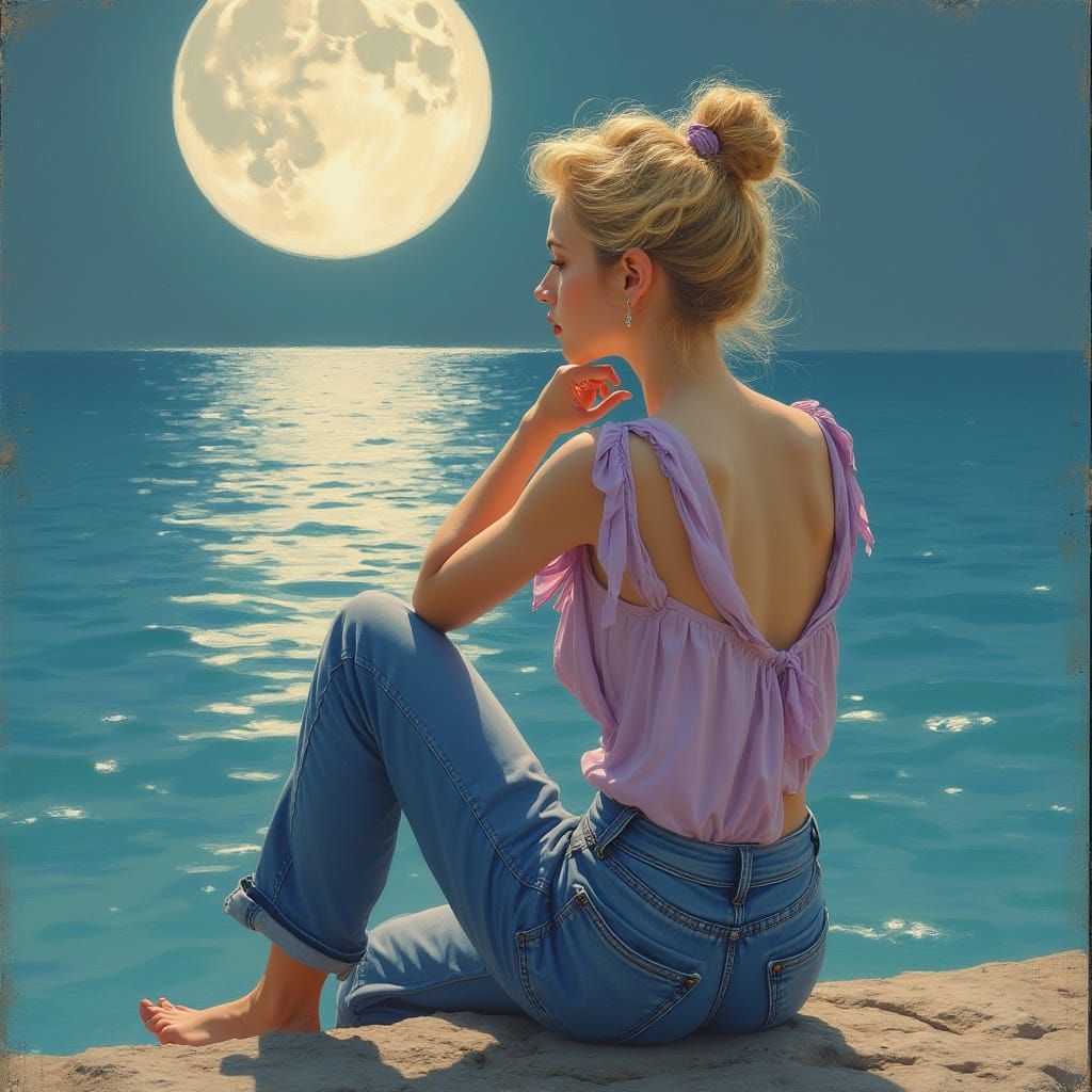 Woman by Lake in Art Nouveau Style