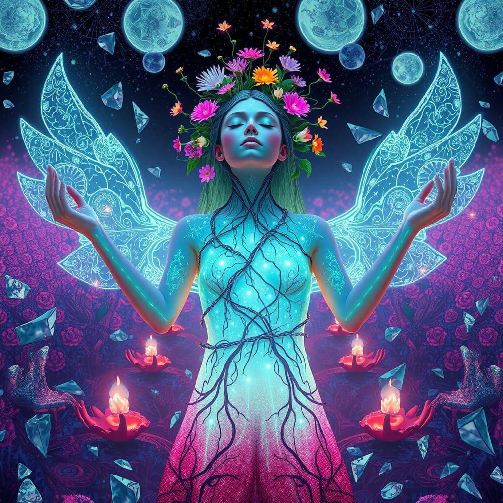 Ethereal Goddess Blooms Among Shattered Mirrors