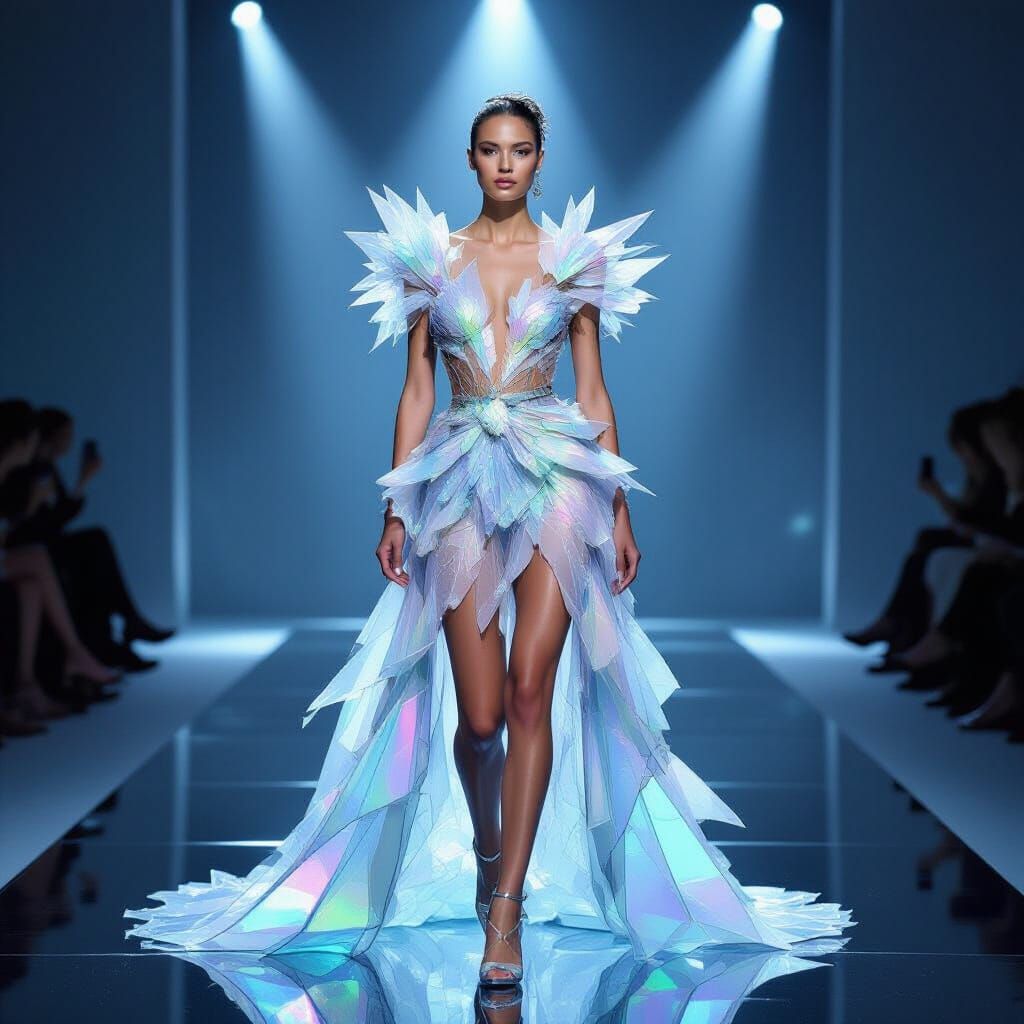 Futuristic Model in Iridescent Glass Couture Dress