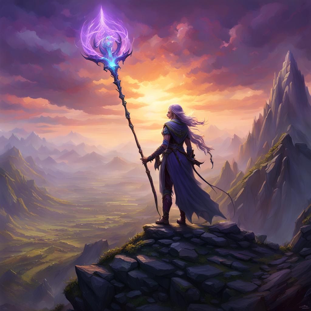 Elf Mage on Mountain: Dark Fantasy Art
