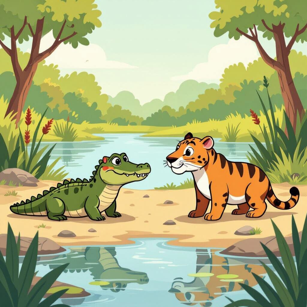 Friendly Jaguar Meets Caiman and Capybara in Cartoon Style