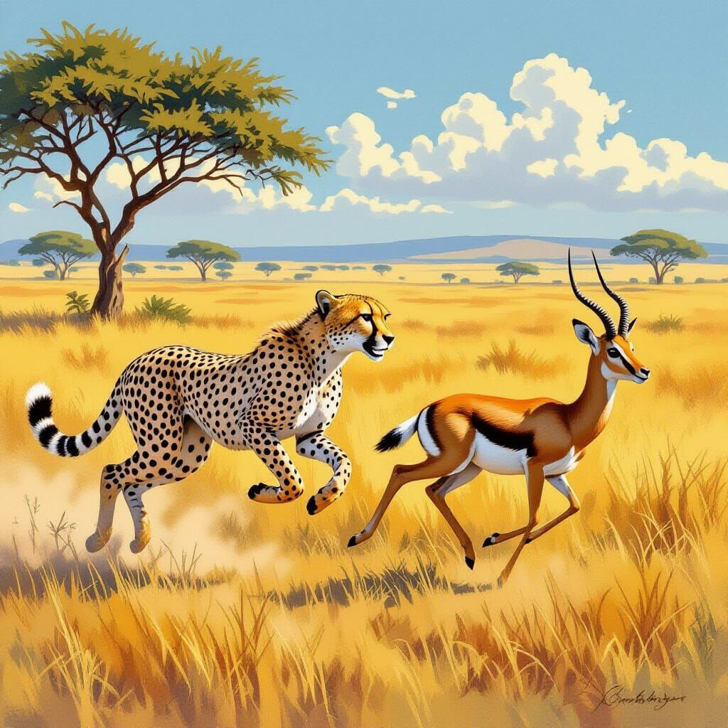 Cheetah Chasing Impala on Sun-Drenched Savannah