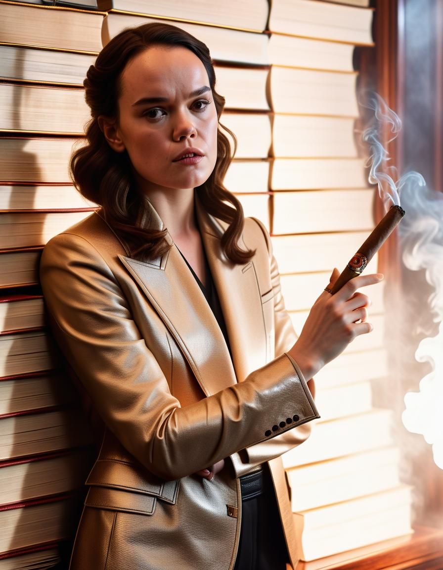 Daisy Ridley Smoking a Cigar in Luxury Study