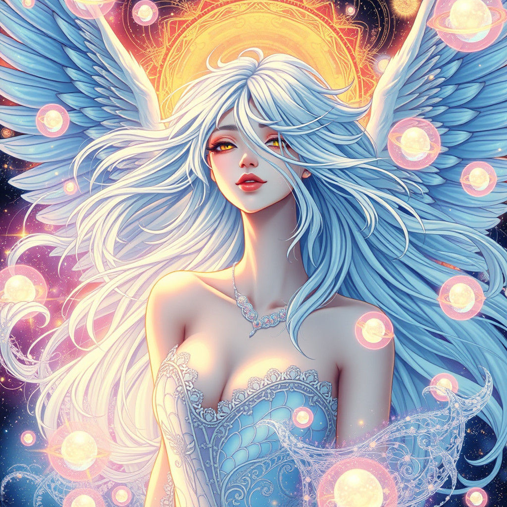 Ethereal Woman with Iridescent Wings in Anime Style
