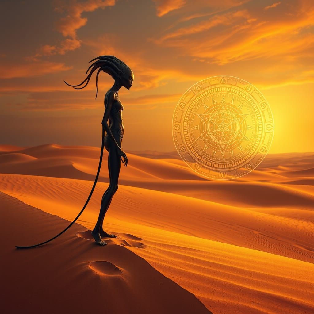 Alien Woman in Brown Desert: Biomechanical Art