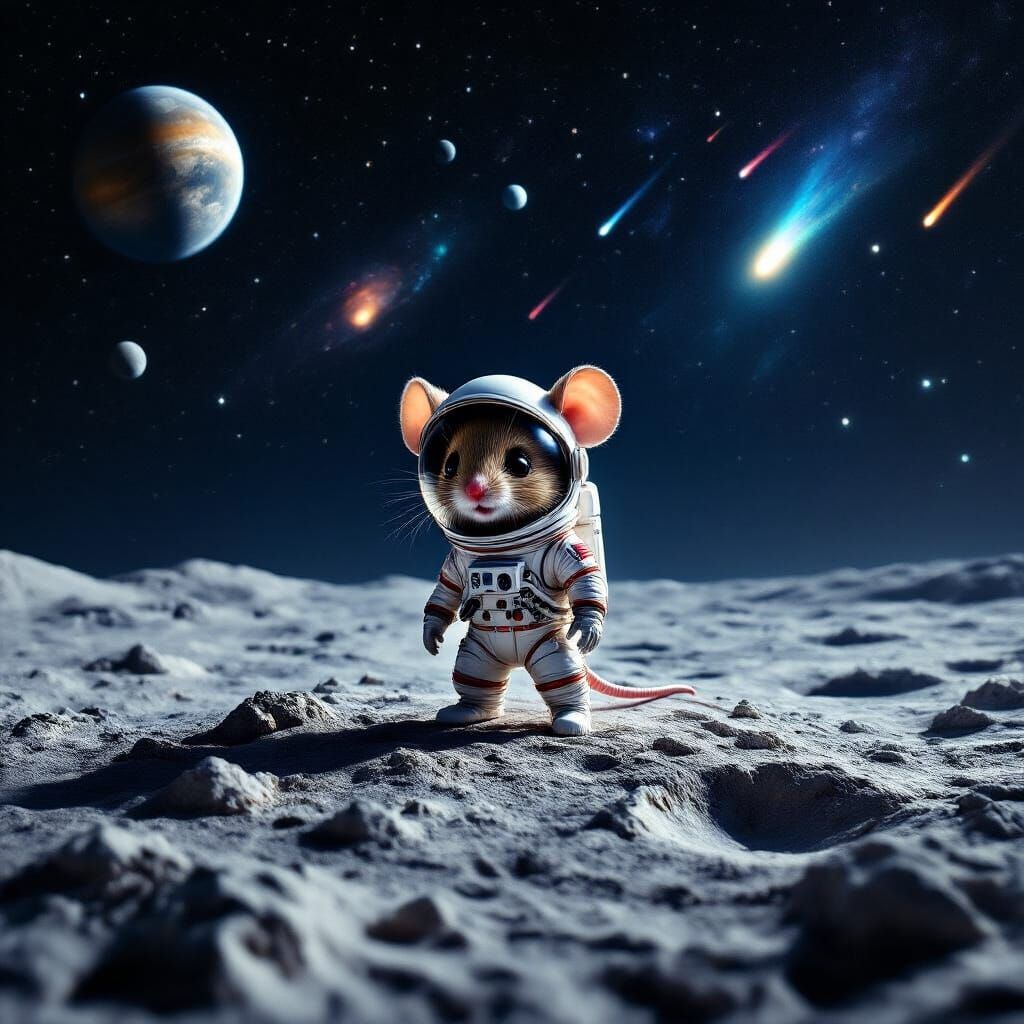 Chibi Mouse Astronaut on Moon Surface HDR Photo