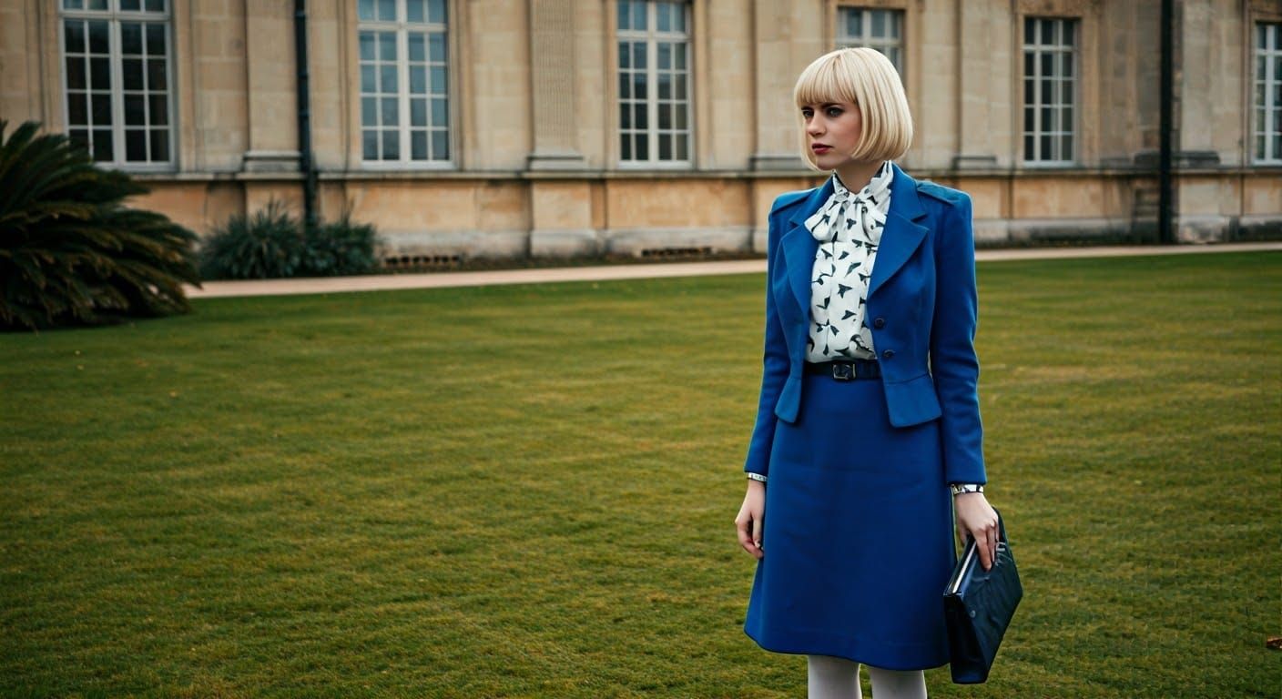 Formal 1980s Woman Pensive in Royal Blue Skirt Suit with Sap...
