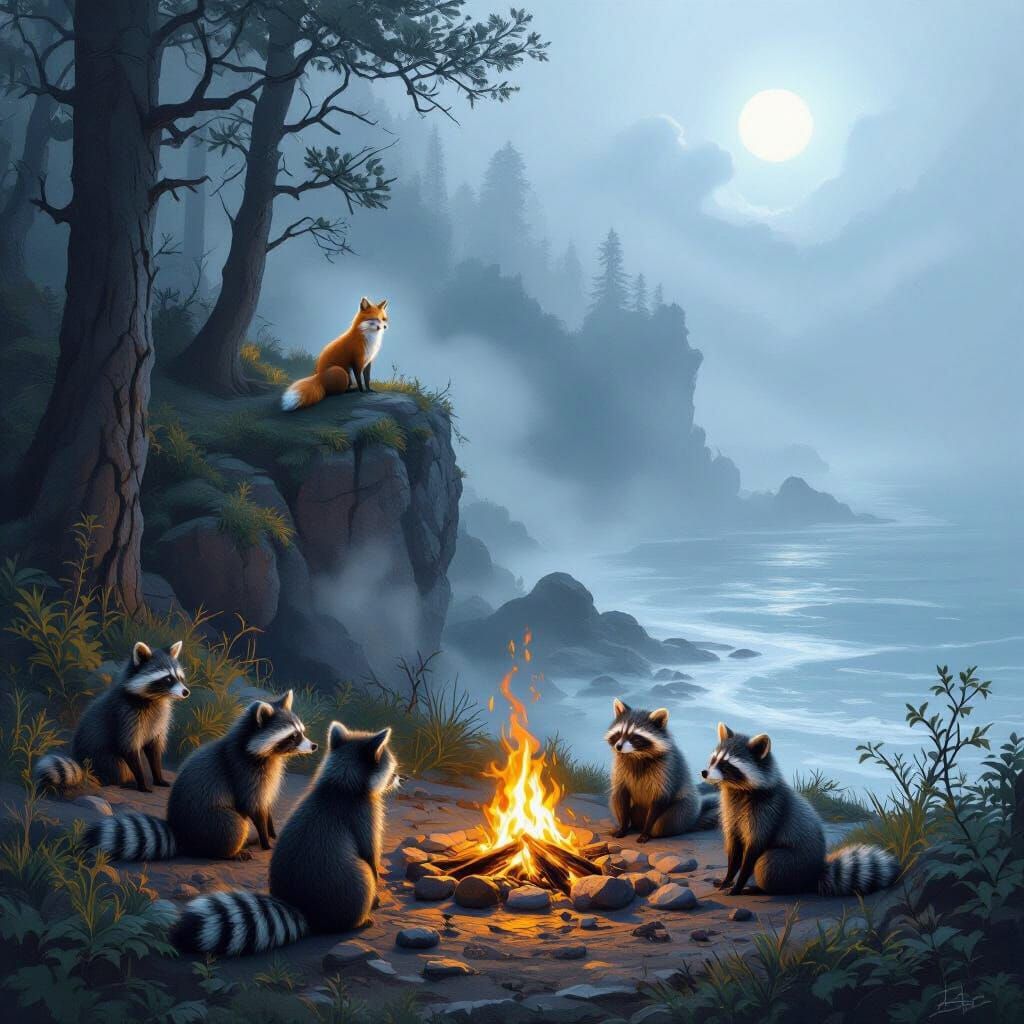 Fantasy Woodland Shoreline with Raccoons and Spirit Fox