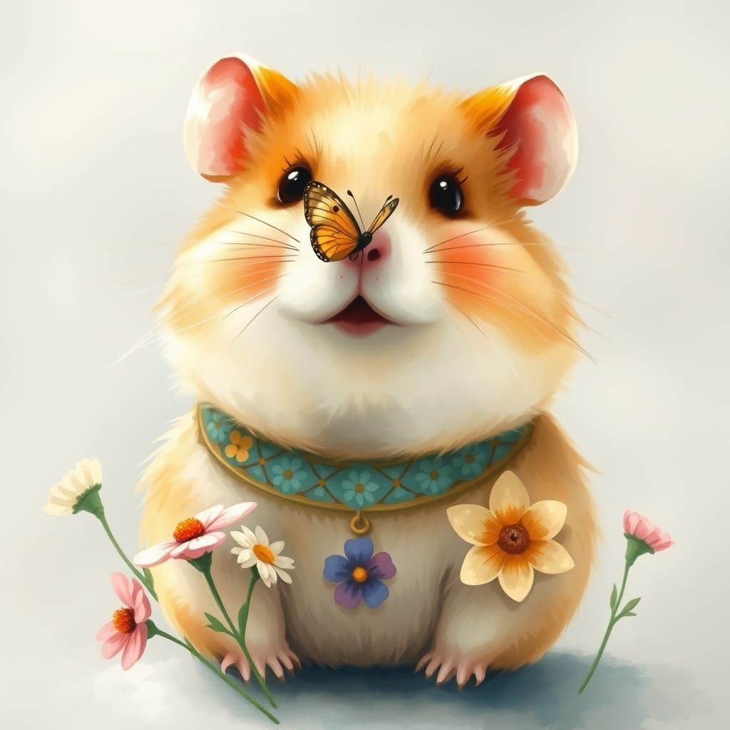 Whimsical Hamster with Butterfly, Watercolor Style