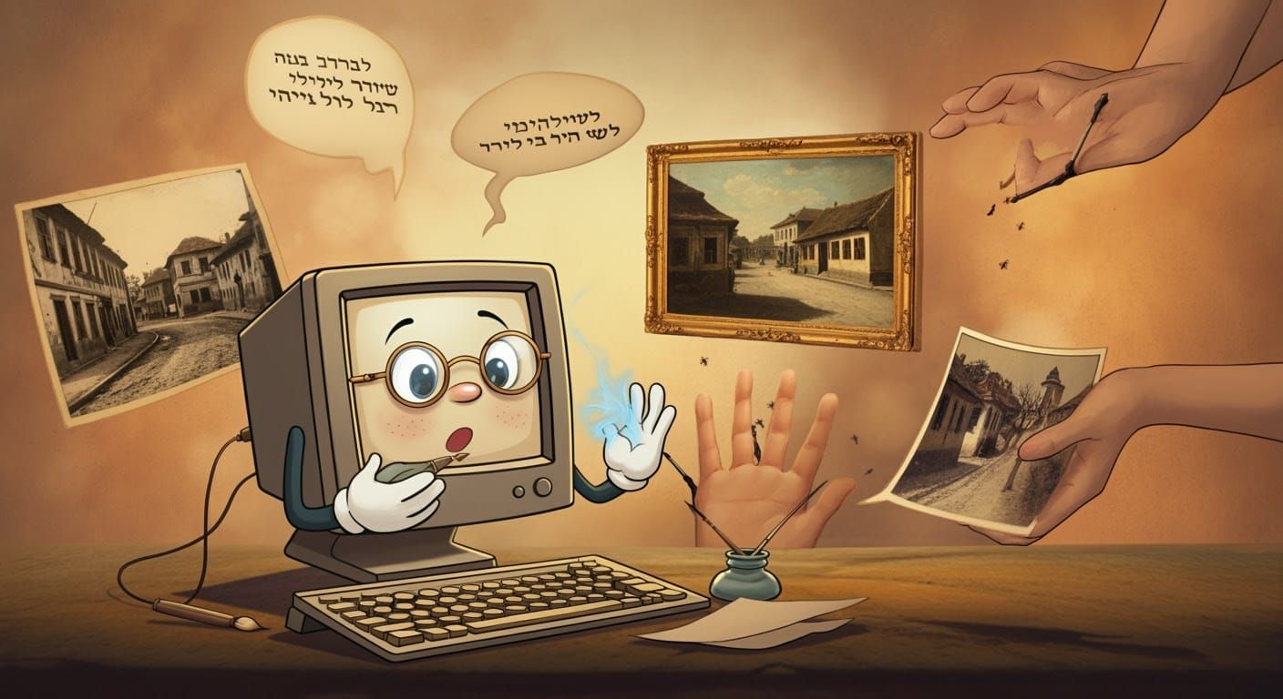 Cartoon Computer Analyzing Photos in Nostalgic Style