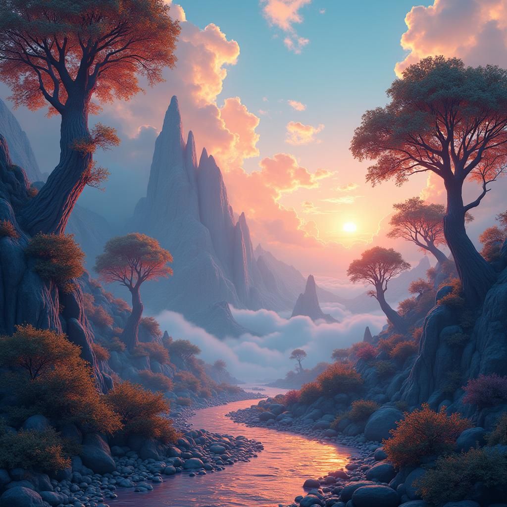 Ethereal Dreamland with Glowing Lines and Misty Mountains