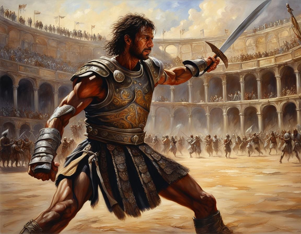 Gladiator in Arena: Cinematic Film Still