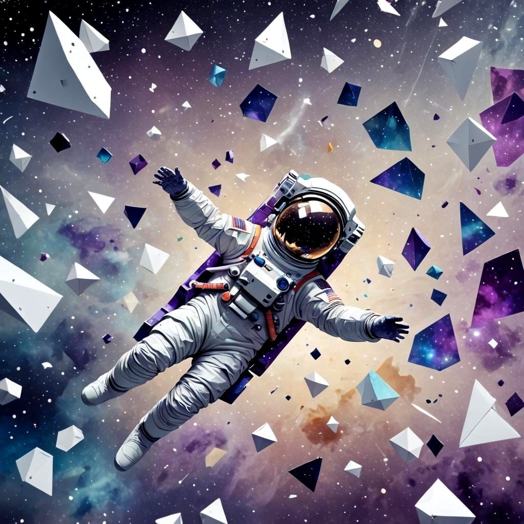 A solitary astronaut drifts in the vast, black cosmos, their...