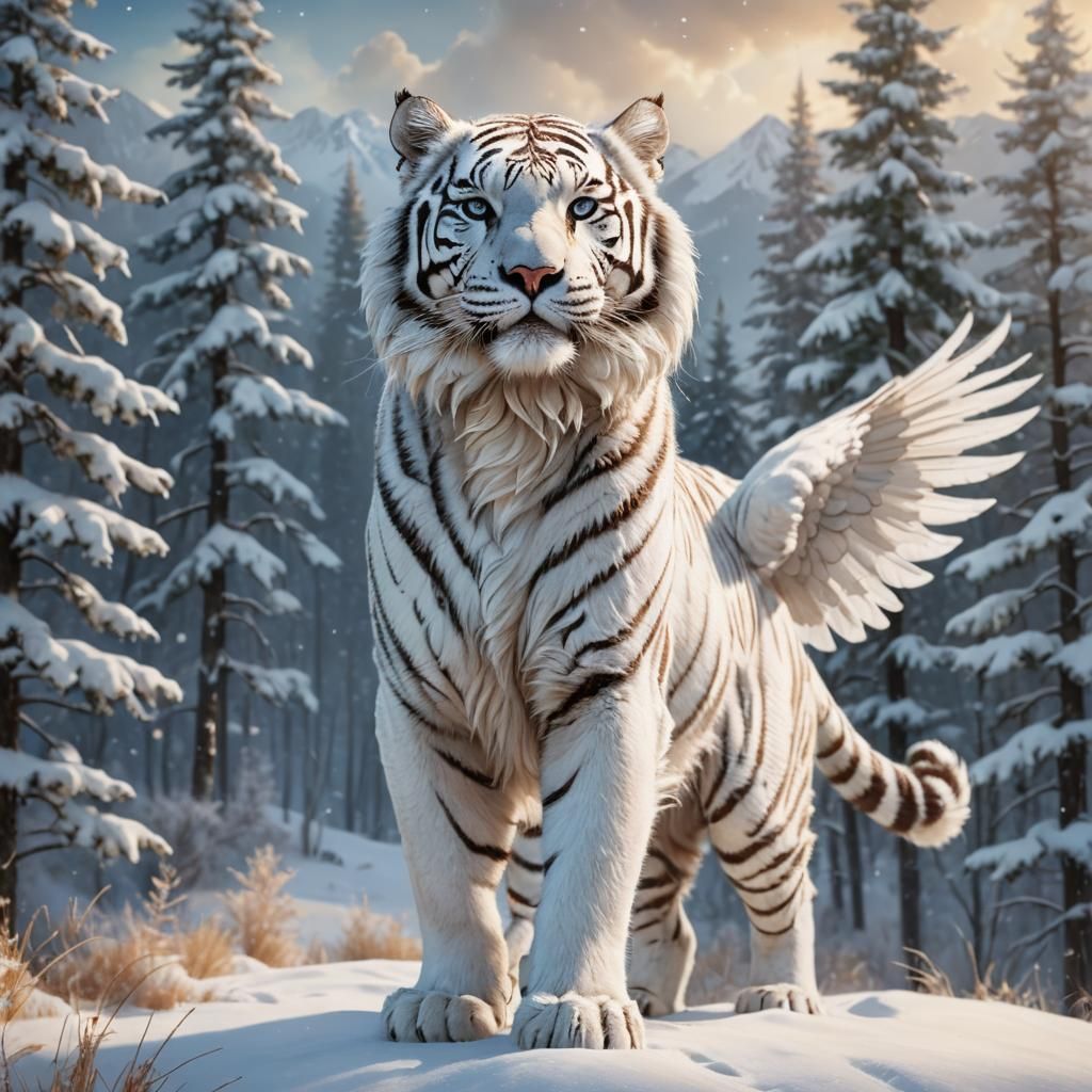 Winged White Tiger in Snowy Mountain Landscape