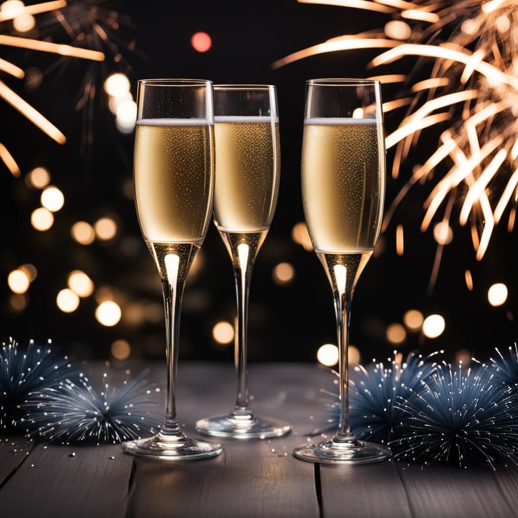 Champagne Glasses and Fireworks Celebration