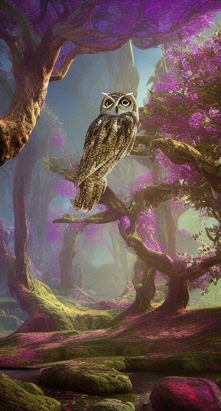 Psychedelic Owl in Fantasy Landscape