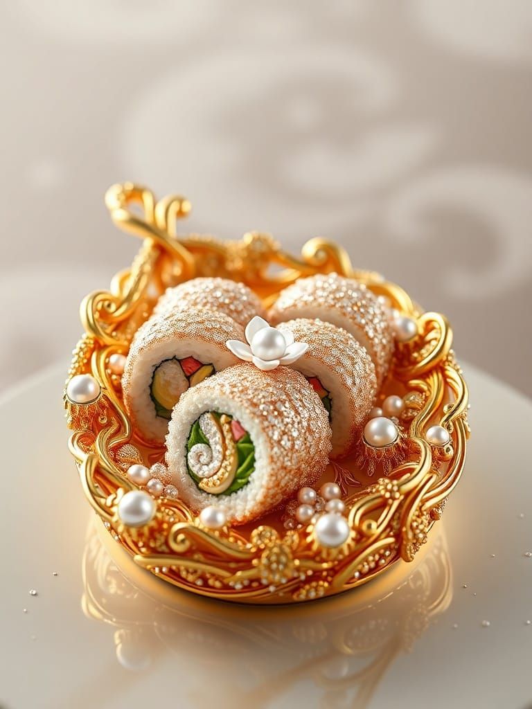 Golden Sushi Plate with Gemstones in 3D Anime Style