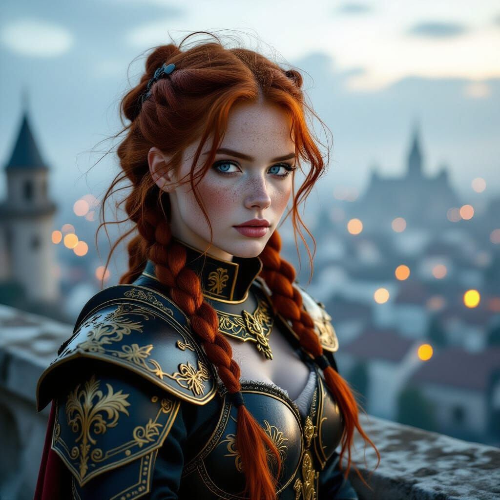 Red-Haired Warrior in Gothic Armor Overlooking City