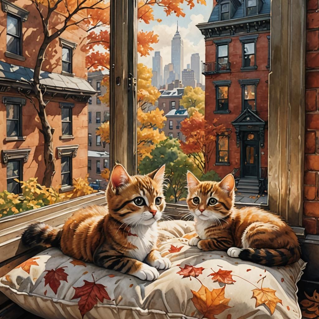 Chibi Kittens in Brooklyn Brownstone Window Seat Watercolor