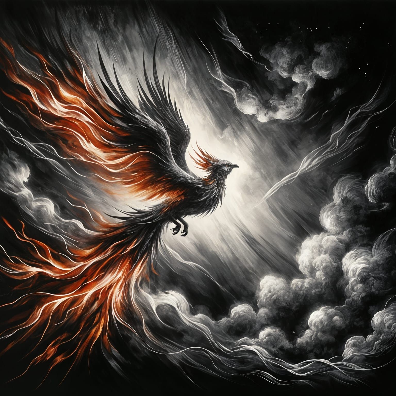 Ink Phoenix Soaring in Dramatic Night Sky