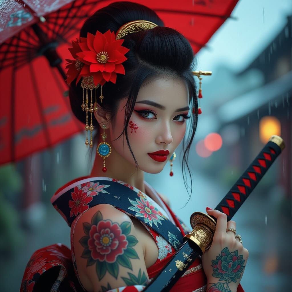 Japanese Woman with Katana in Rainy Atmosphere