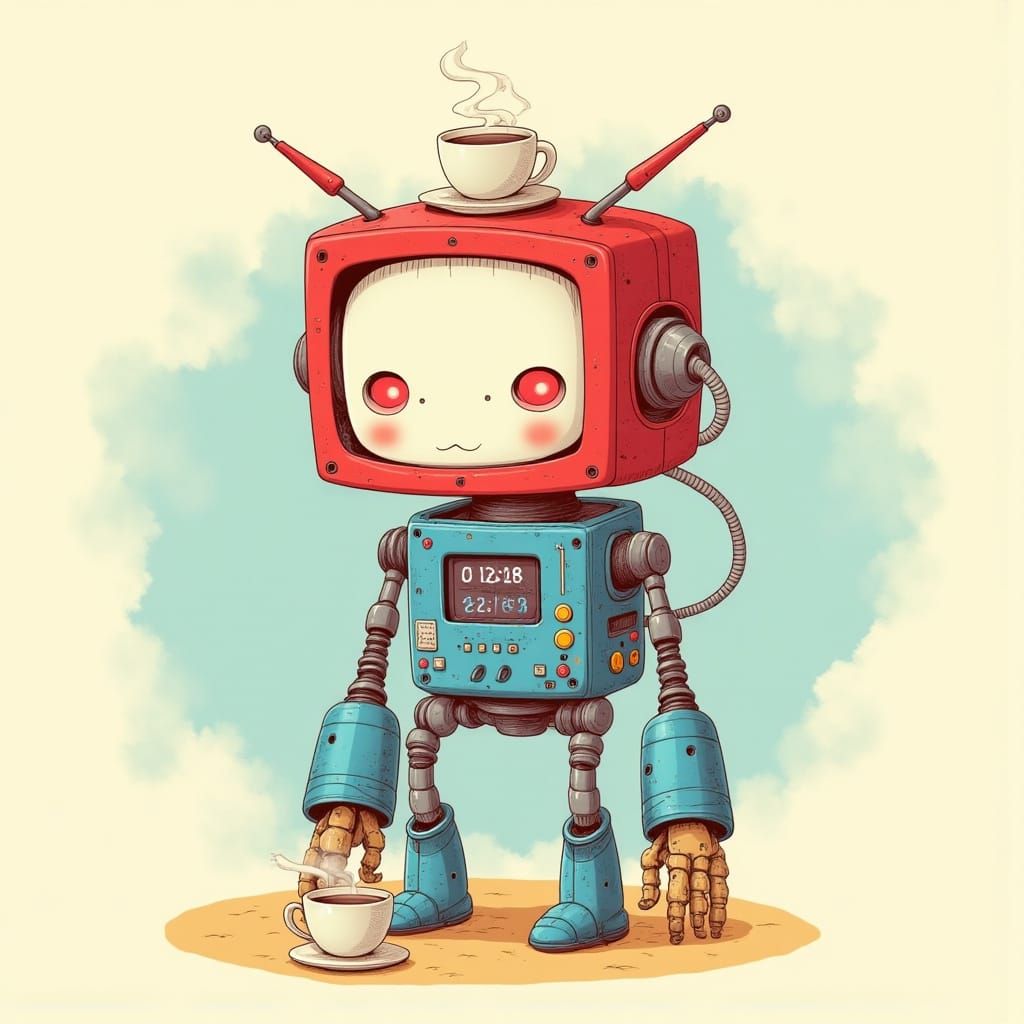 Whimsical Retro-Futuristic Robot with Coffee