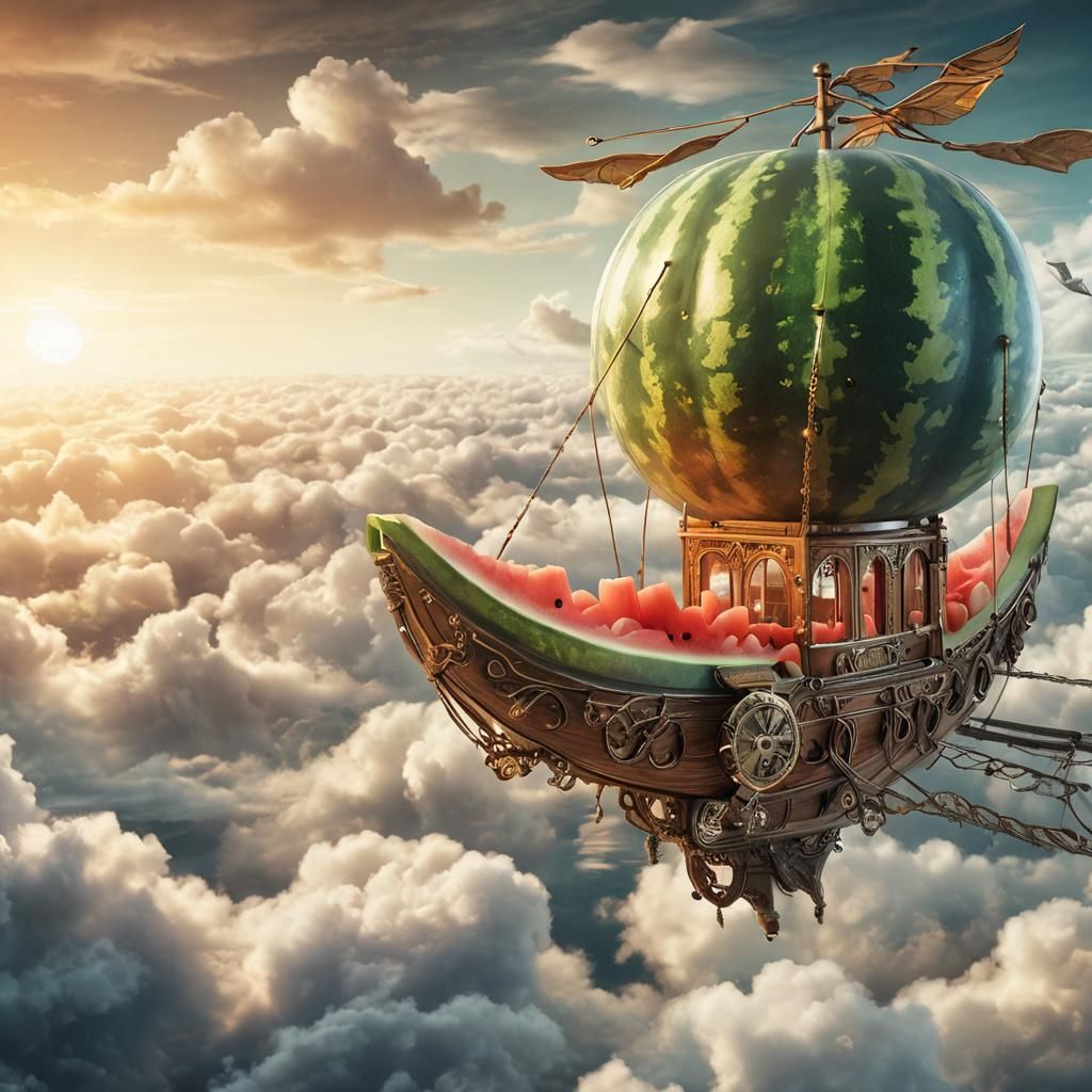 Steampunk Watermelon Gondola Sinking into Clouds