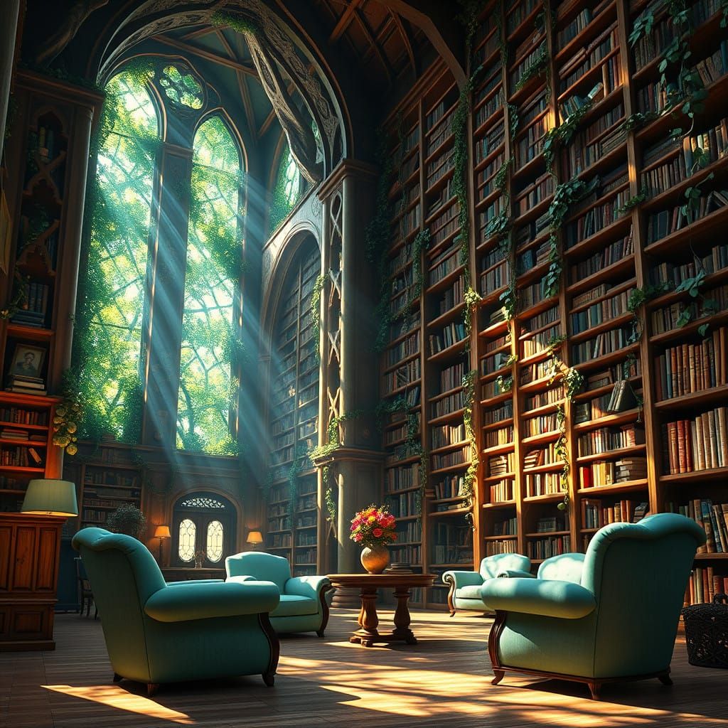 Surreal Indoor Library with Nature-Inspired Architecture