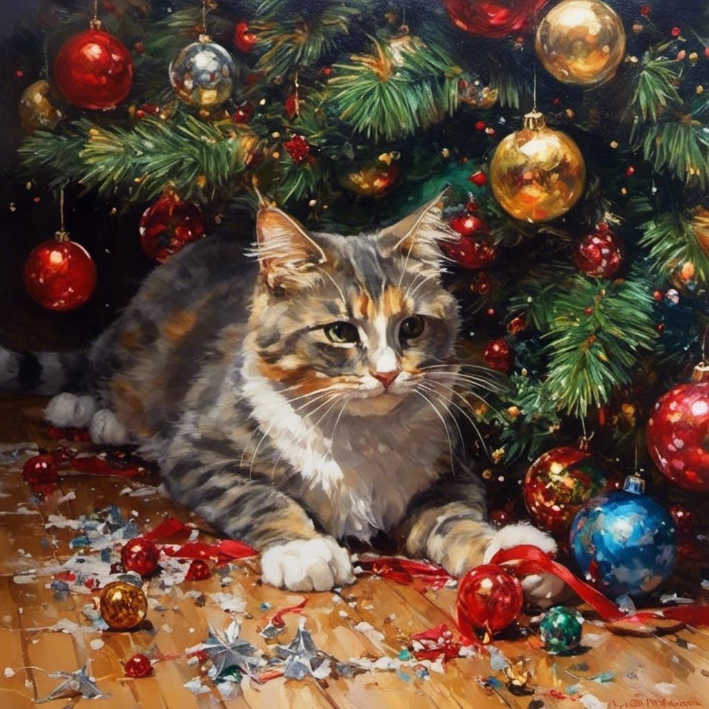 Fluffy Cat Chaos: A Christmas Tree Disaster