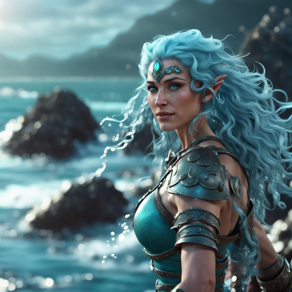 Water Genasi Druid on Rocky Shore: 3D Render