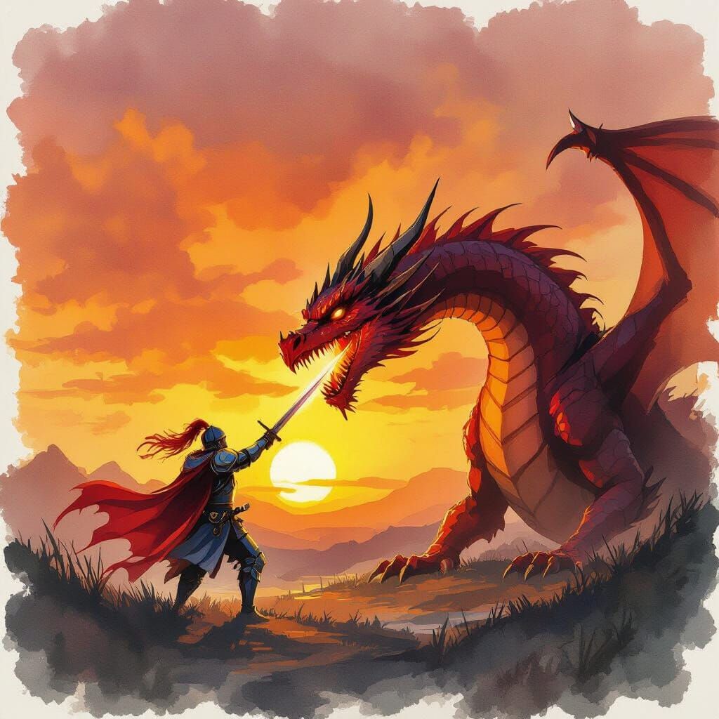 Knight Battling Dragon at Sunset in Watercolor Style