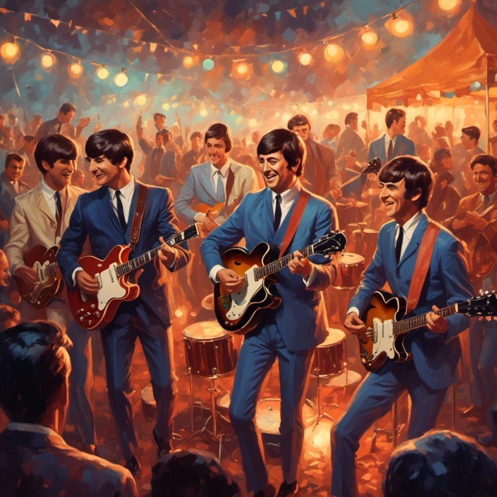 Famous Beatles Rock Band jamming together in an outdoor music festival.