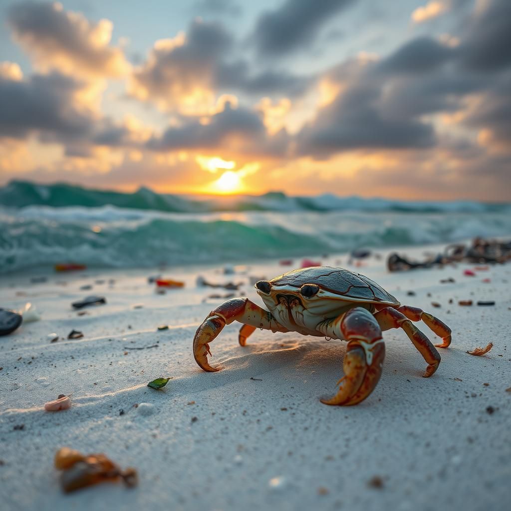 Lone crab on a dirty beach