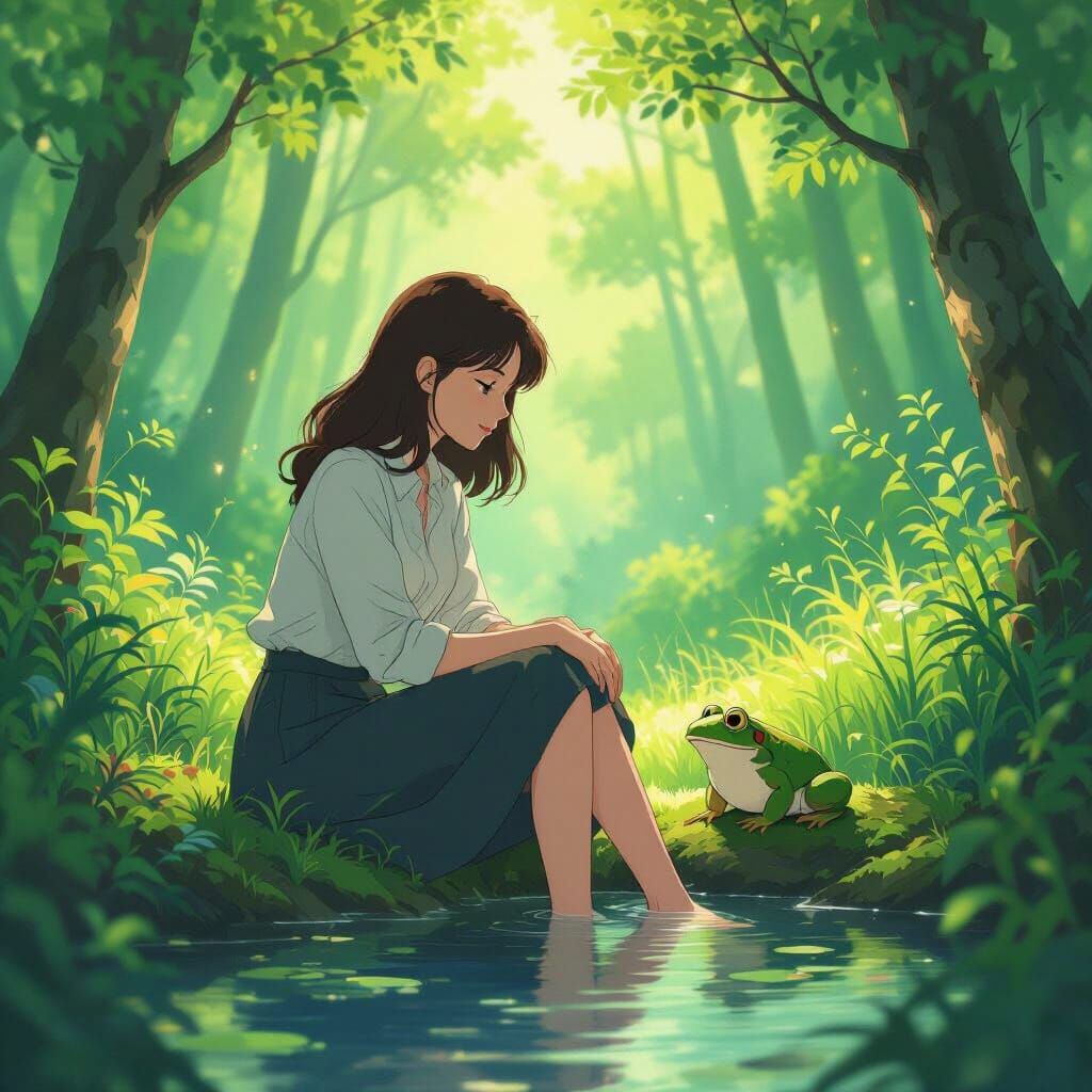 Psychologist and Frog in Ghibli Anime Forest